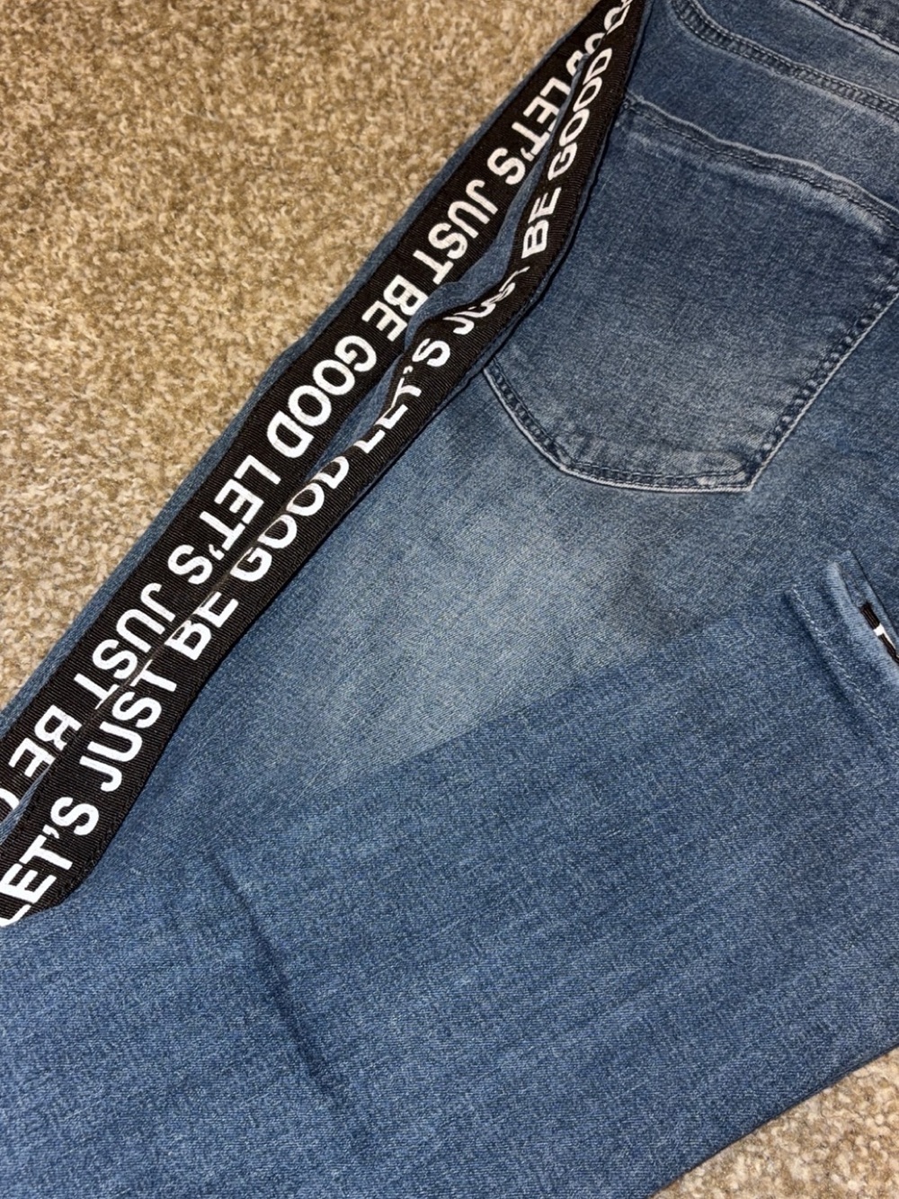 Denim Jeans with Black Slogan Waistband